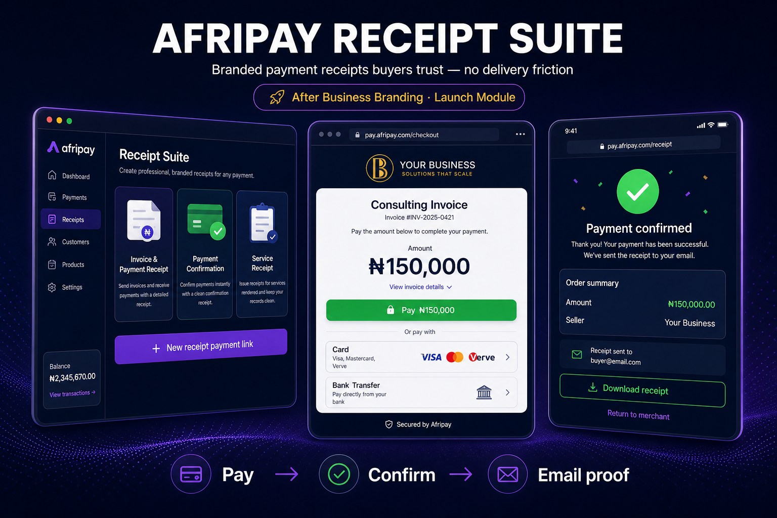Afripay Receipt Suite: seller template hub, branded checkout, and payment confirmed thank-you